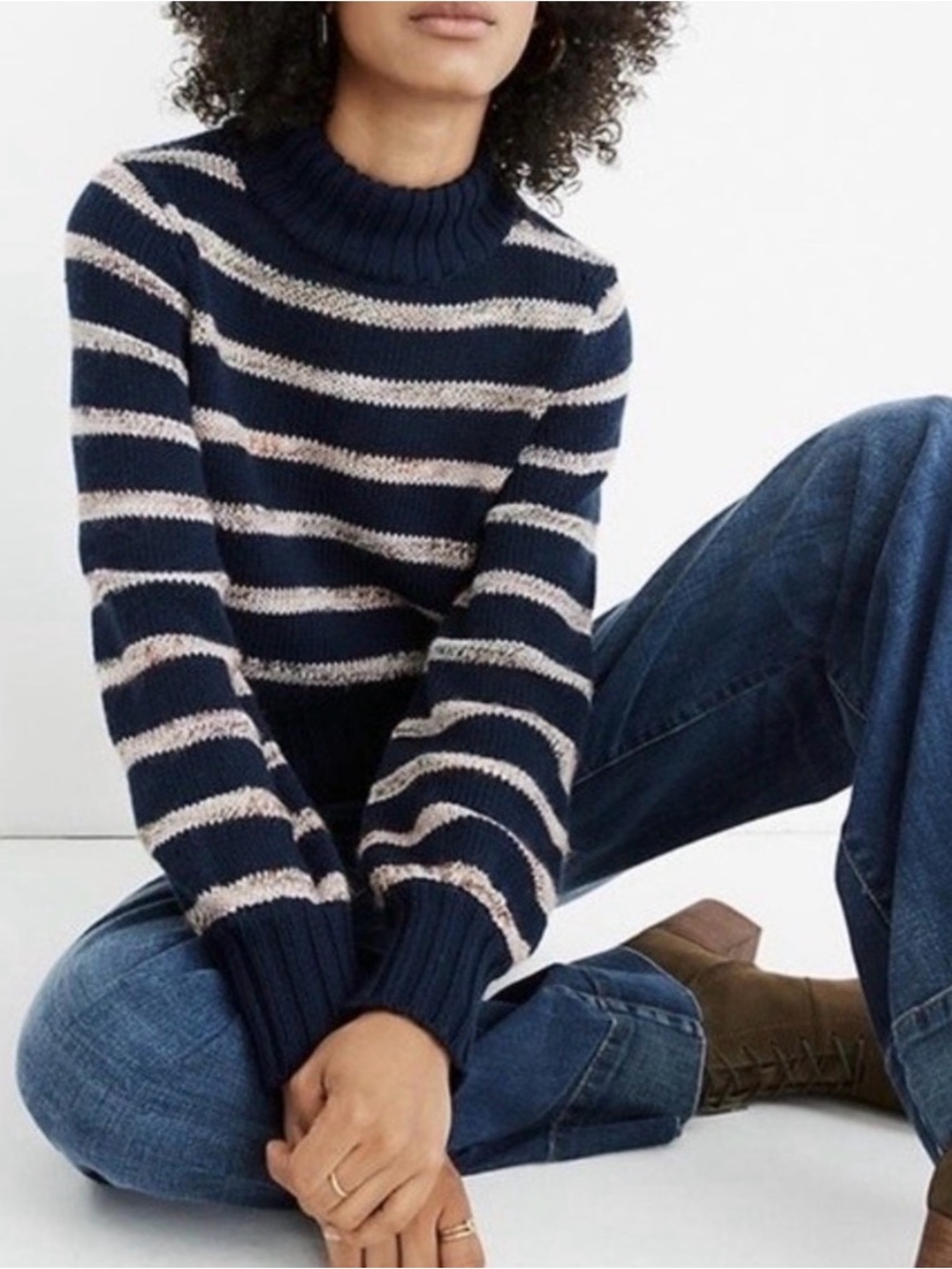 NWOT Madewell Navy Blue Striped Metcalf Mockneck Sweater size XXS Wool blend